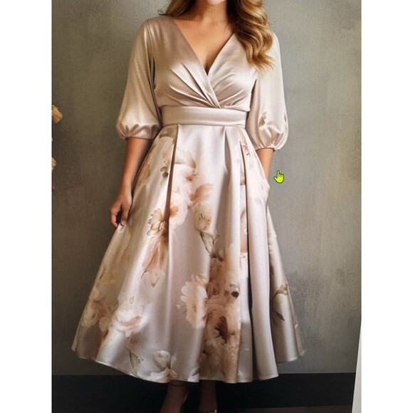 NWT Sz 18/3X  Satin Floral Dress Apricot Puff Sleeve Wedding, Formal MSRP$ 70. - Picture 1 of 11